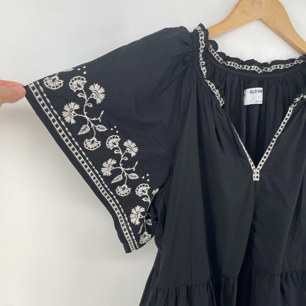 Old Navy Women L Black Embroidered Floral Mini Swing Dress Boho Peasant Festival - Picture 7 of 11